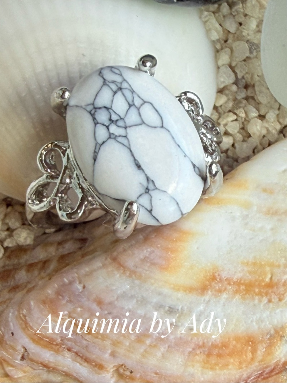 BOHO + White howlite and silver gem ring